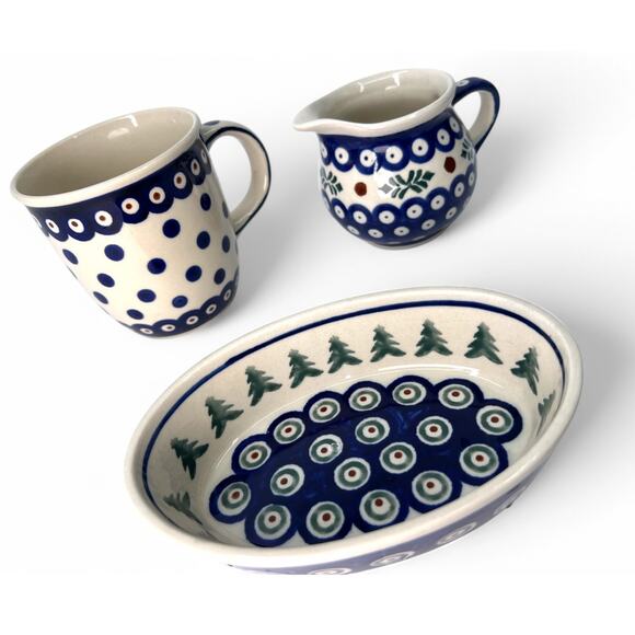 Polish Pottery 3 Piece Set  Hand Painted  Poland Stamped  Coffee Cup Creamer - Picture 2 of 3